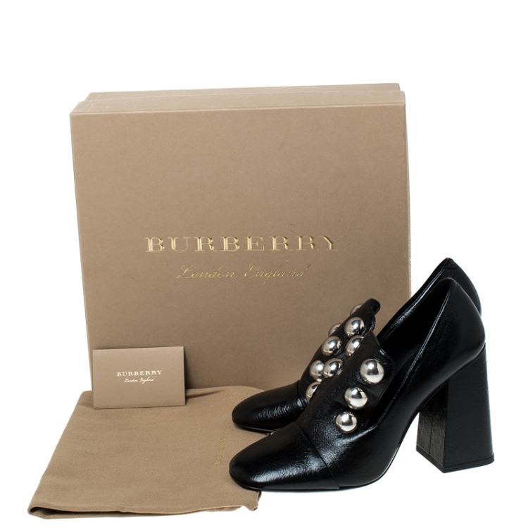 Pre Owned Burberry Black Leather Ambridge Embellished Block Heel Pumps Size 38.5