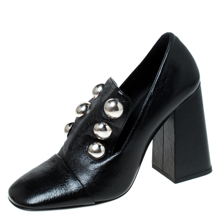 Pre Owned Burberry Black Leather Ambridge Embellished Block Heel Pumps Size 38.5