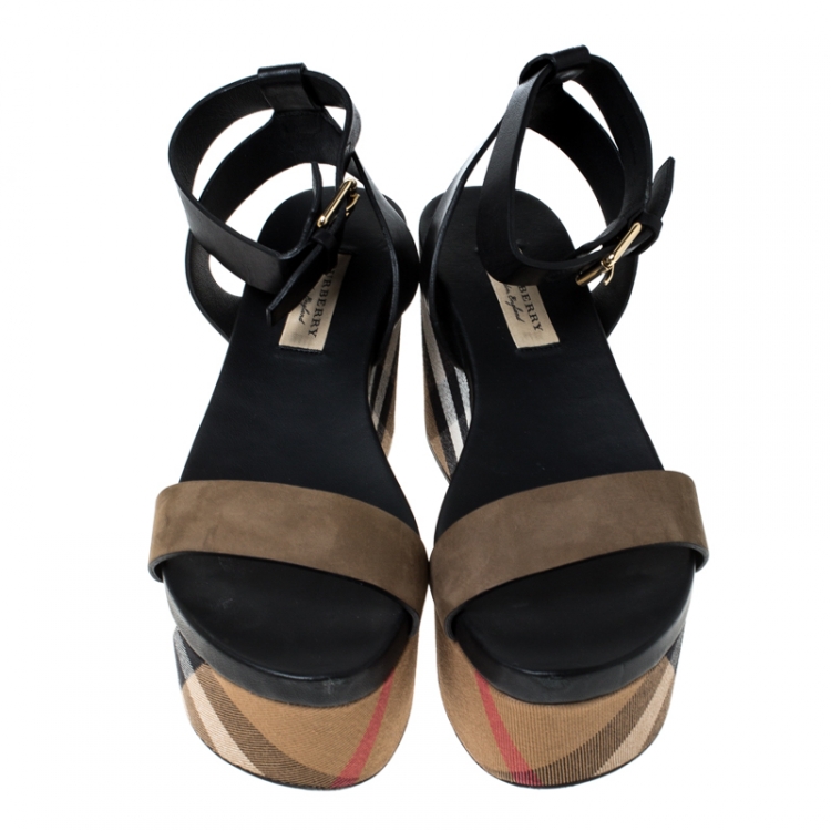 Pre Owned  Burberry Two Tone Nubuck Leather Nuneaton Wedge Platform Ankle Strap Sandals Size 39