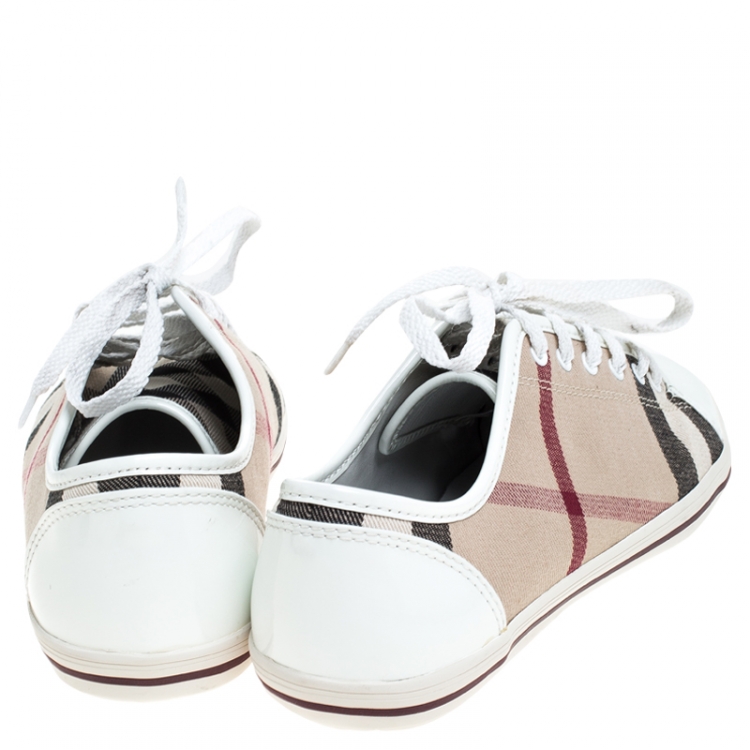 Pre Owned Burberry Beige Nova Check Canvas And White Patent Leather Cap Toe Lace Up Sneakers Size 39