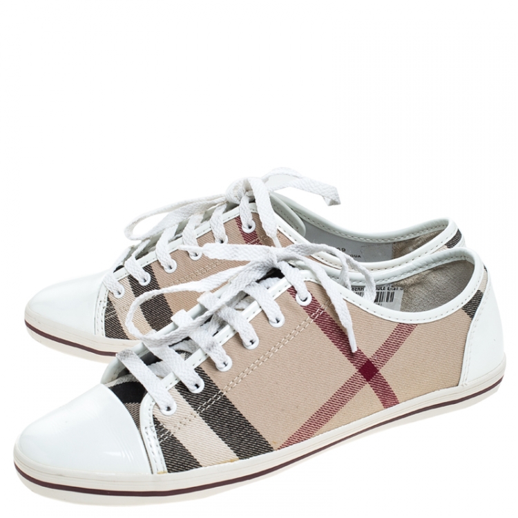 Pre Owned Burberry Beige Nova Check Canvas And White Patent Leather Cap Toe Lace Up Sneakers Size 39