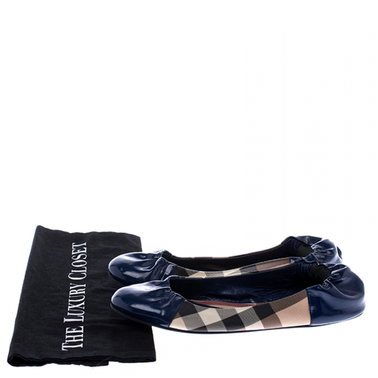 Pre Owned Burberry Blue Patent Leather And Nova Check Canvas Scrunch Ballet Flats Size 39