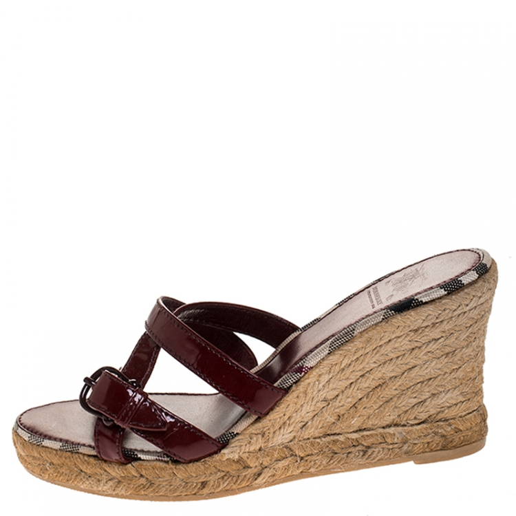 Pre Owned Burberry Red Patent Leather Espadrille Wedge Strappy Sandals Size 37