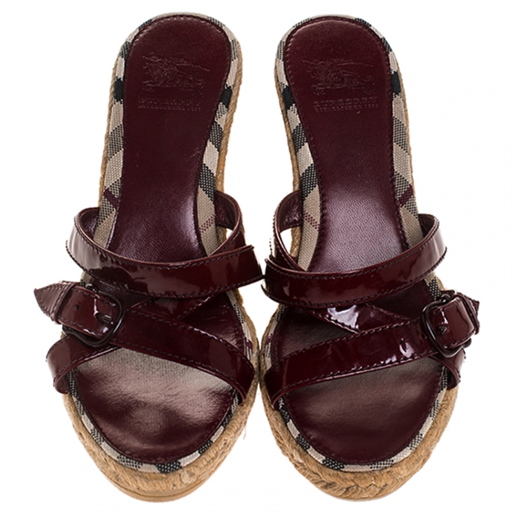 Pre Owned Burberry Red Patent Leather Espadrille Wedge Strappy Sandals Size 37