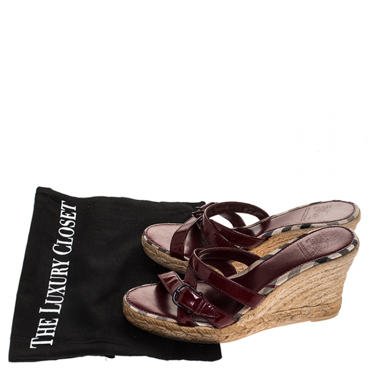 Pre Owned Burberry Red Patent Leather Espadrille Wedge Strappy Sandals Size 37