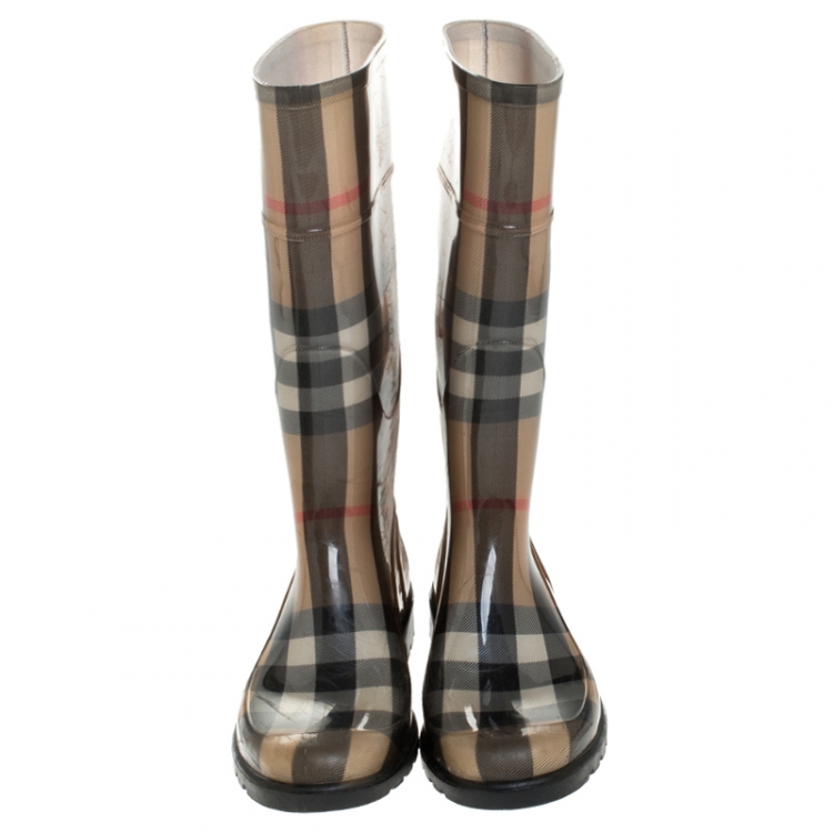 Pre Owned Burberry Multicolor House Check Rubber Rain Mid Calf Boots Size 37