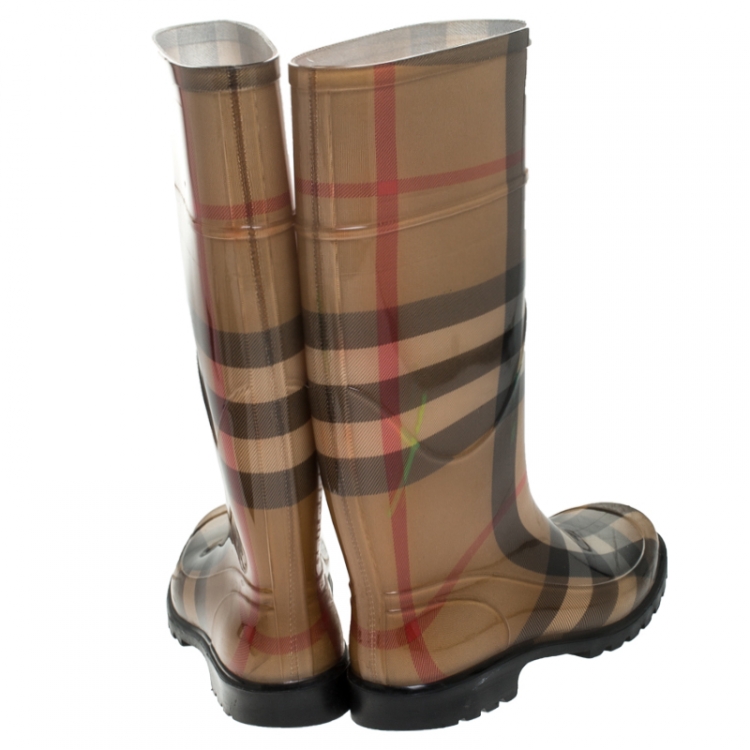 Pre Owned Burberry Multicolor House Check Rubber Rain Mid Calf Boots Size 37