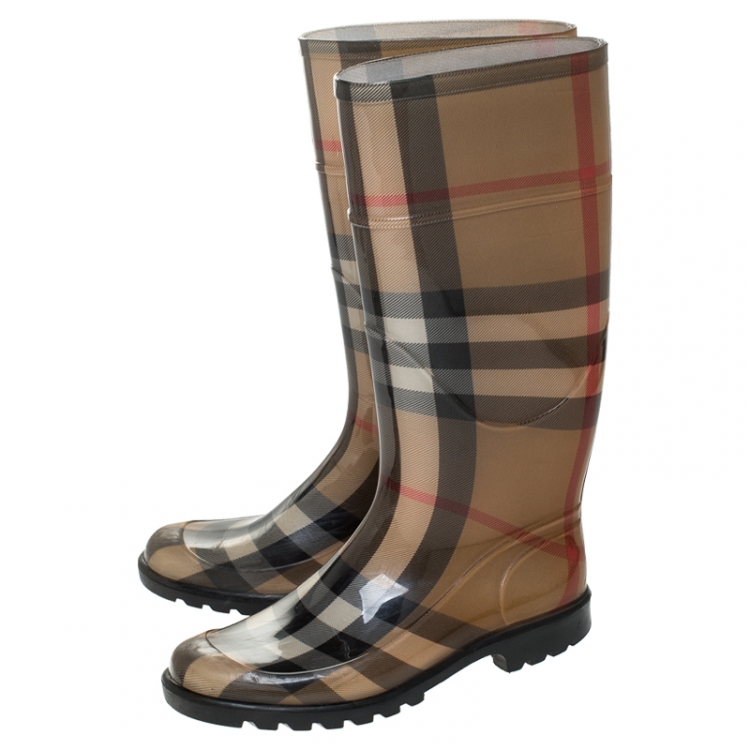 Pre Owned Burberry Multicolor House Check Rubber Rain Mid Calf Boots Size 37