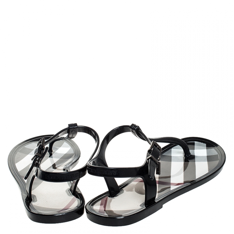 Pre Owned Burberry Black Nova Check PVC Thong Ankle Strap Flats Size 38