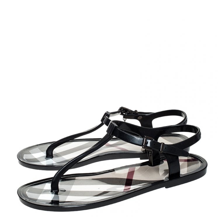 Pre Owned Burberry Black Nova Check PVC Thong Ankle Strap Flats Size 38