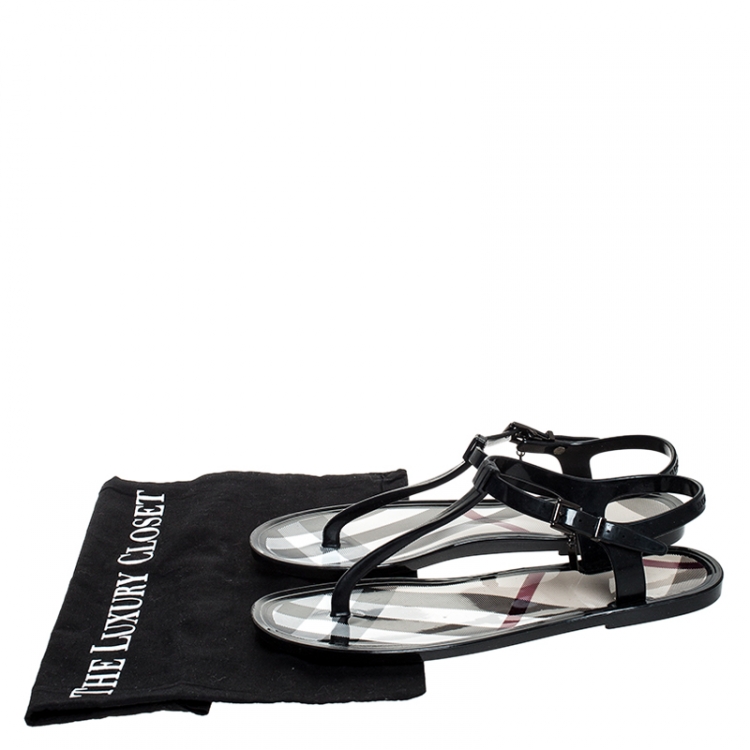 Pre Owned Burberry Black Nova Check PVC Thong Ankle Strap Flats Size 38