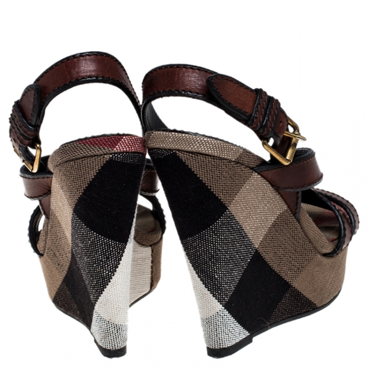 Pre Owned Burberry Burgundy Leather And Nova Check Canvas Cross Strap Wedge Open Toe Sandals Size 39