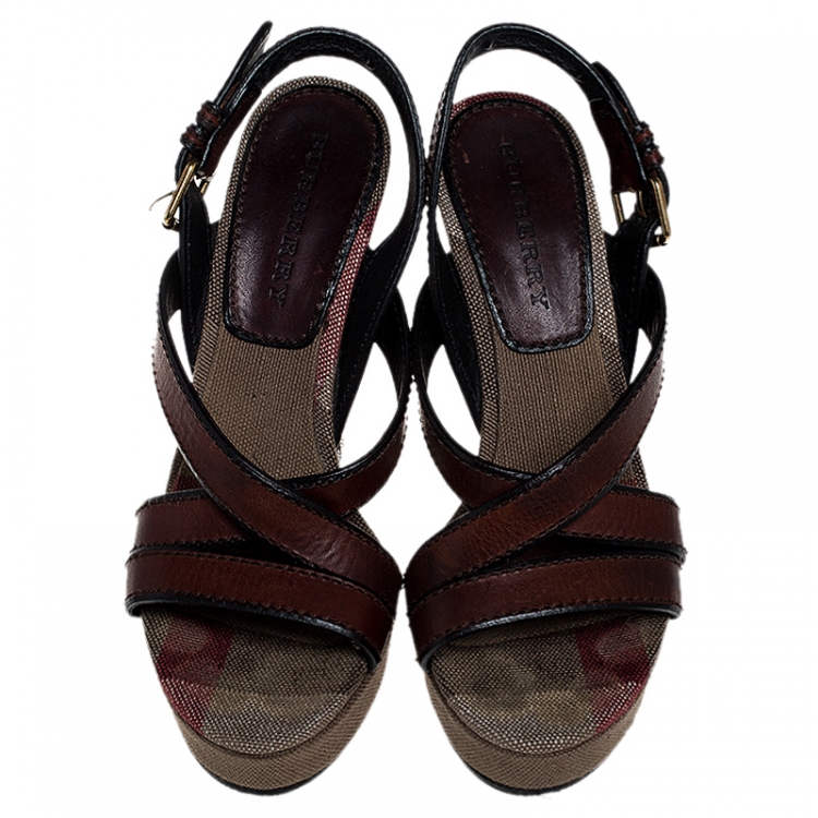 Pre Owned Burberry Burgundy Leather And Nova Check Canvas Cross Strap Wedge Open Toe Sandals Size 39