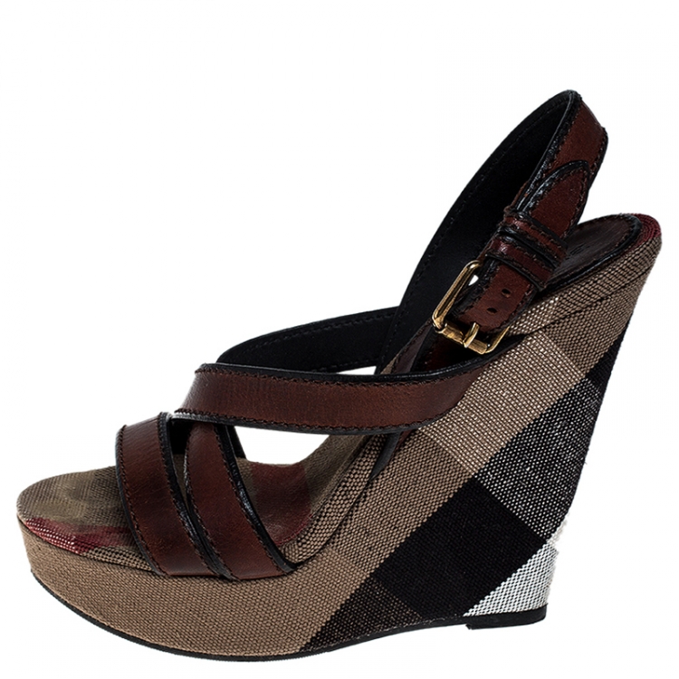 Pre Owned Burberry Burgundy Leather And Nova Check Canvas Cross Strap Wedge Open Toe Sandals Size 39