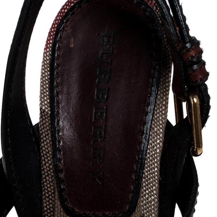 Pre Owned Burberry Burgundy Leather And Nova Check Canvas Cross Strap Wedge Open Toe Sandals Size 39