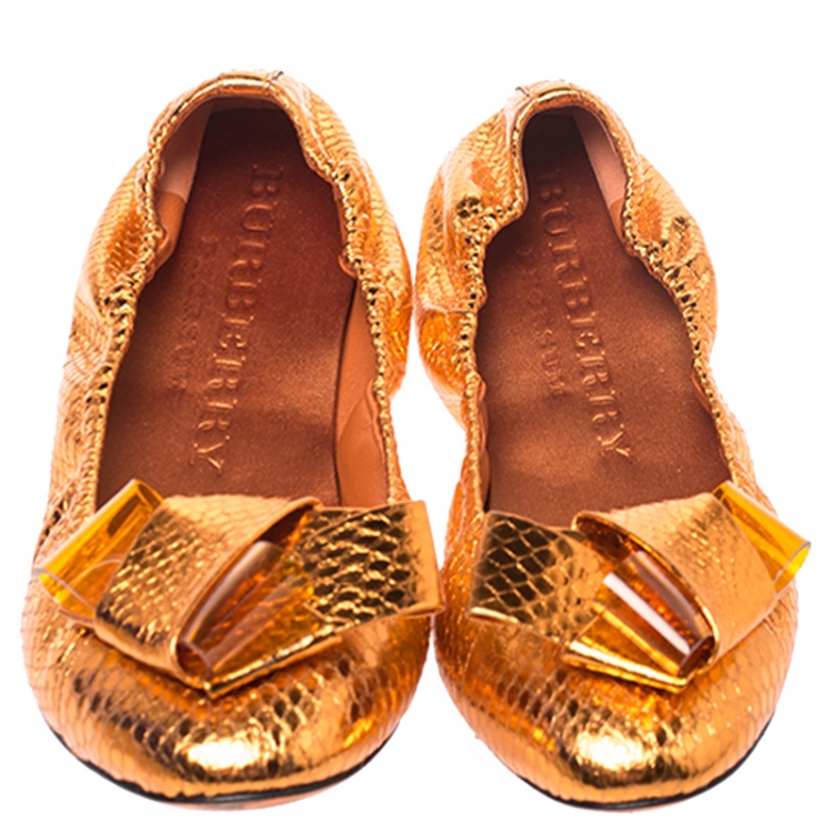 Pre Owned Burberry Metallic Orange Python Embossed Leather Surrey Ballet Flats Size 39