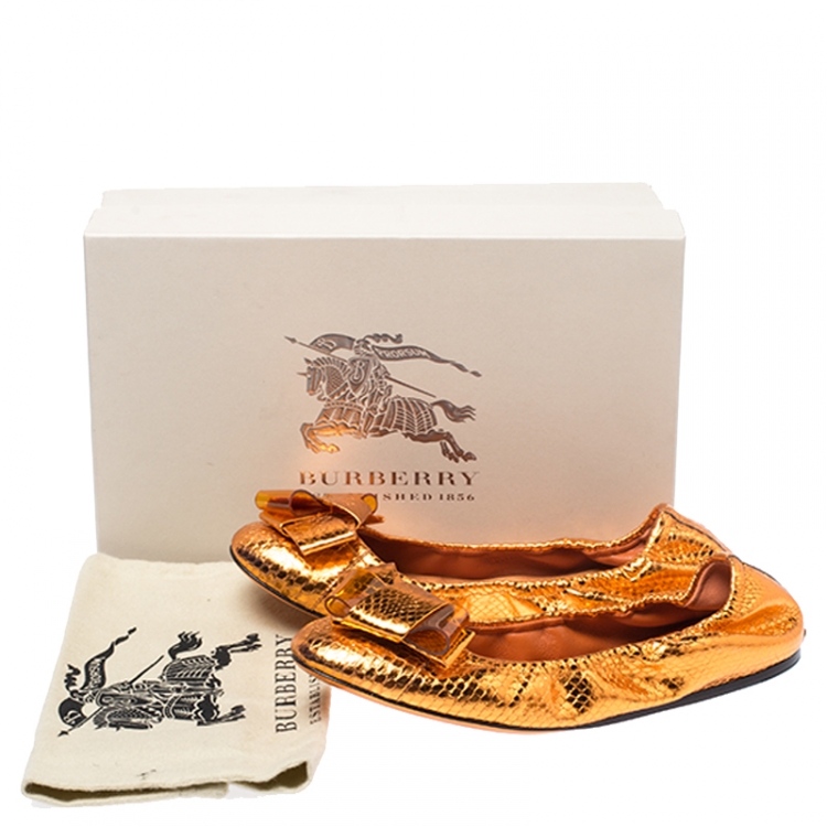 Pre Owned Burberry Metallic Orange Python Embossed Leather Surrey Ballet Flats Size 39