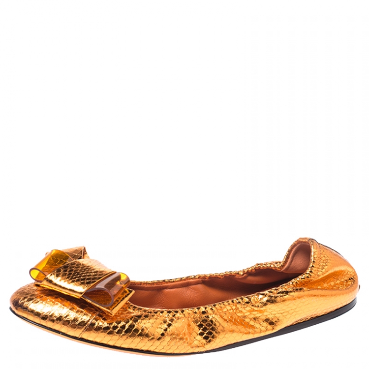 Pre Owned Burberry Metallic Orange Python Embossed Leather Surrey Ballet Flats Size 39