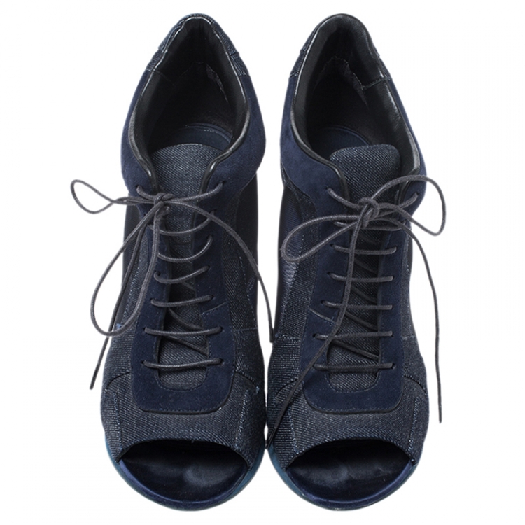 Pre Owned Burberry Blue Suede, Denim And Mesh Lace Up Peep Toe Ankle Booties Size 37