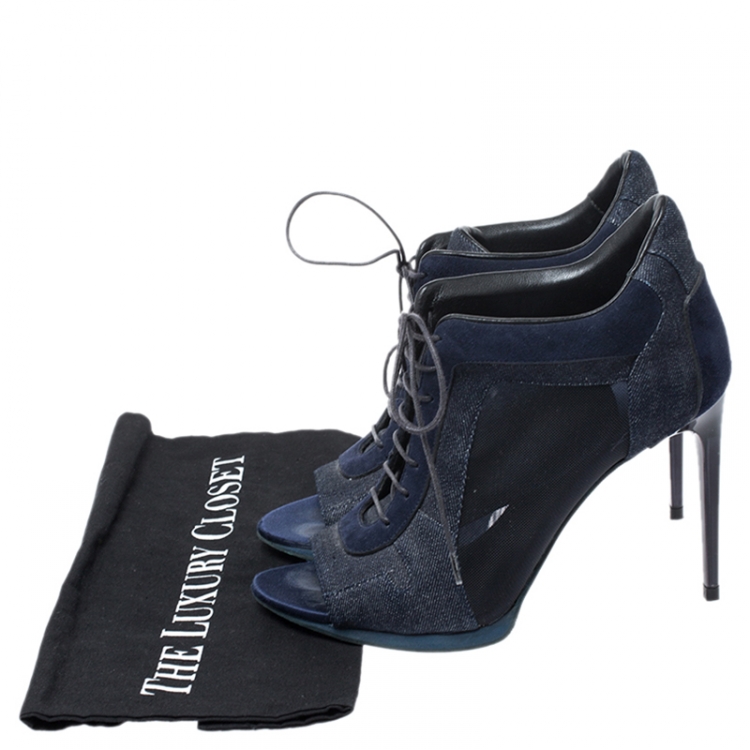 Pre Owned Burberry Blue Suede, Denim And Mesh Lace Up Peep Toe Ankle Booties Size 37