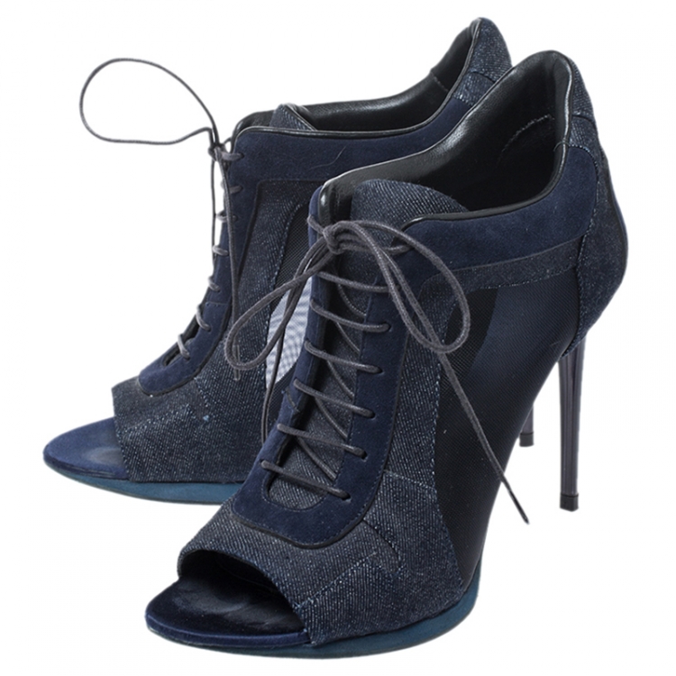 Pre Owned Burberry Blue Suede, Denim And Mesh Lace Up Peep Toe Ankle Booties Size 37