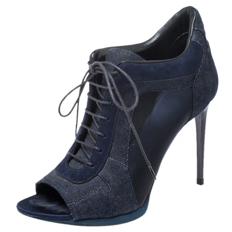 Pre Owned Burberry Blue Suede, Denim And Mesh Lace Up Peep Toe Ankle Booties Size 37