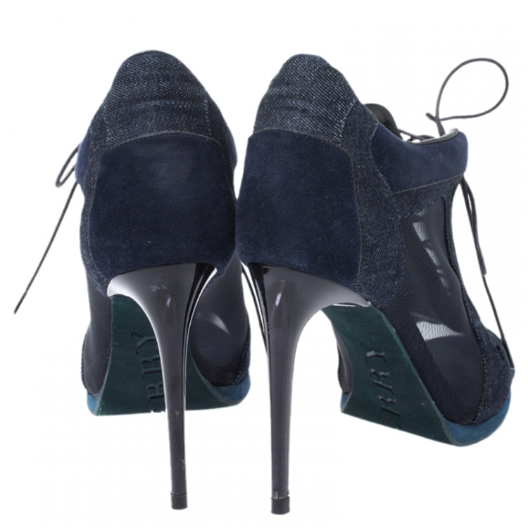 Pre Owned Burberry Blue Suede, Denim And Mesh Lace Up Peep Toe Ankle Booties Size 37