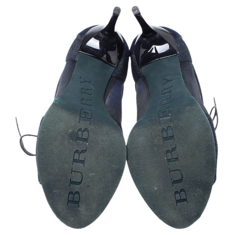 Pre Owned Burberry Blue Suede, Denim And Mesh Lace Up Peep Toe Ankle Booties Size 37