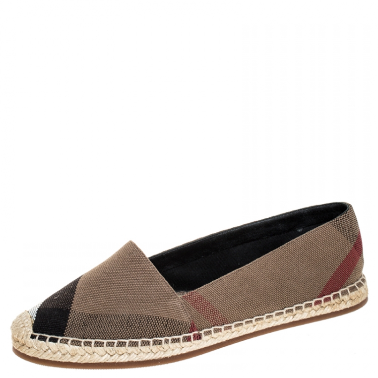 Pre Owned Burberry Beige Hodgeson Check Canvas Slip On Espadrilles Size 37