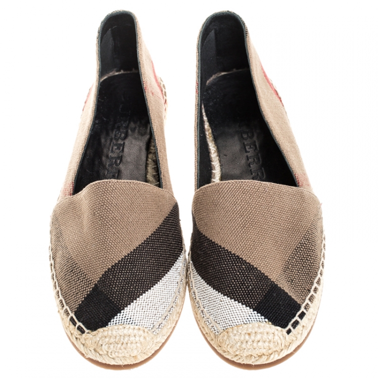Pre Owned Burberry Beige Hodgeson Check Canvas Slip On Espadrilles Size 37