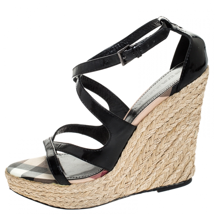 Pre Owned Burberry Black Leather Cross Strap Espadrille Wedge Sandals Size 40