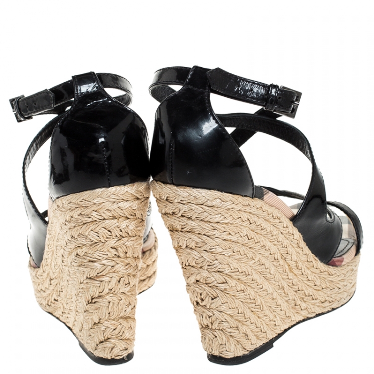 Pre Owned Burberry Black Leather Cross Strap Espadrille Wedge Sandals Size 40
