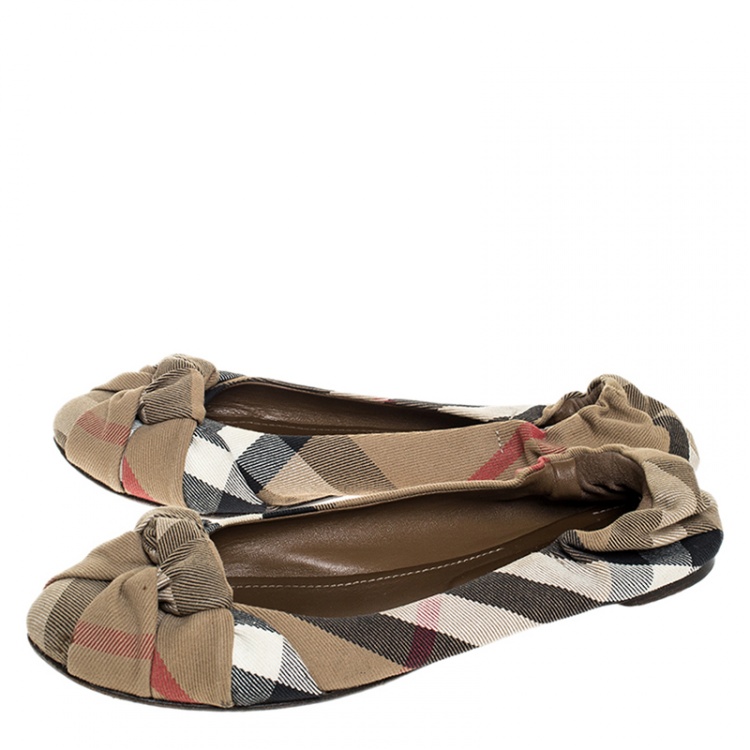 Pre Owned Burberry Brown Canvas Novacheck Knotted Ballet Flats Size 41