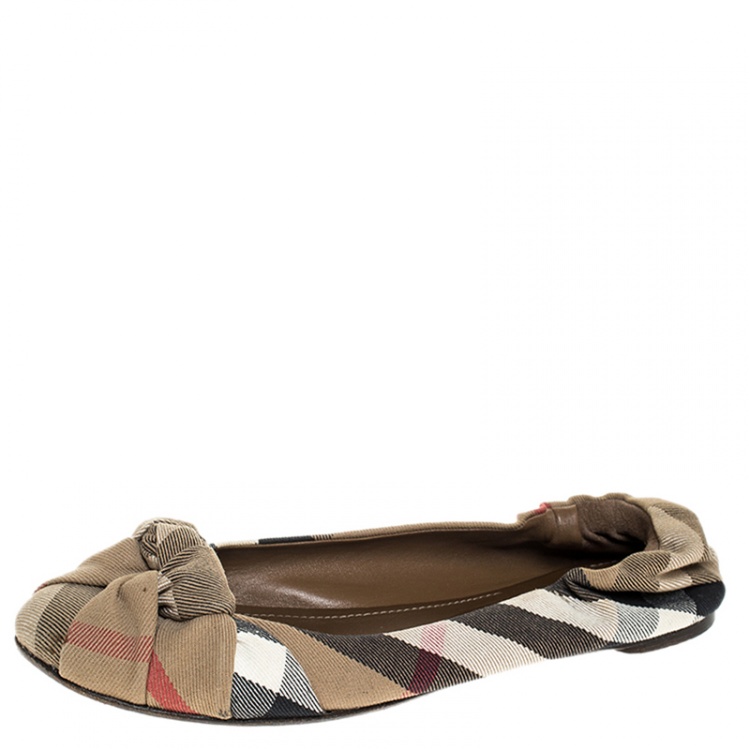Pre Owned Burberry Brown Canvas Novacheck Knotted Ballet Flats Size 41