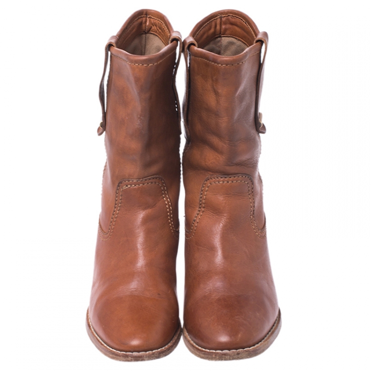 Pre Owned Burberry Tan Leather Mid Calf Flat Boots Size 37