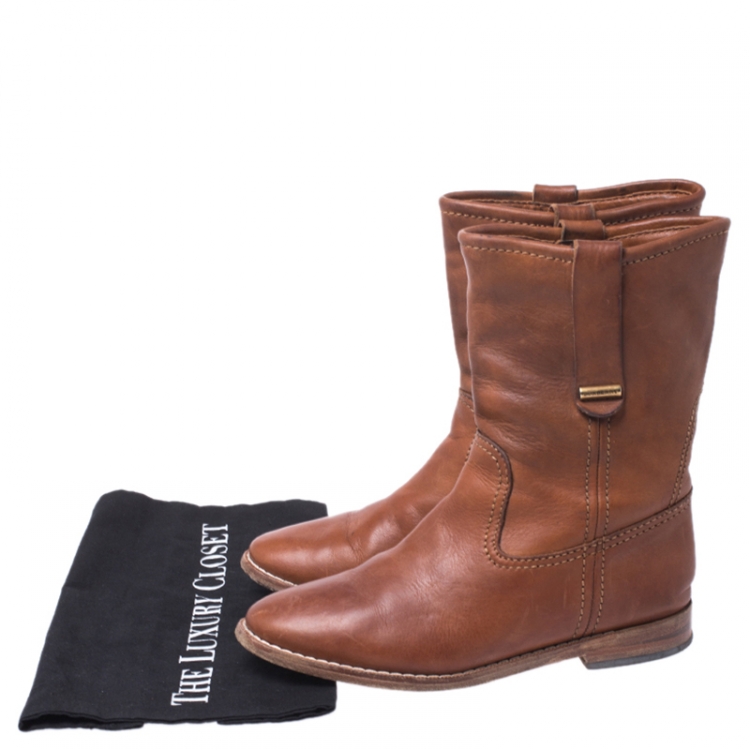 Pre Owned Burberry Tan Leather Mid Calf Flat Boots Size 37