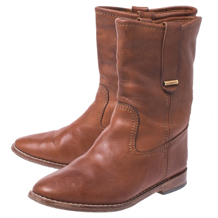 Pre Owned Burberry Tan Leather Mid Calf Flat Boots Size 37