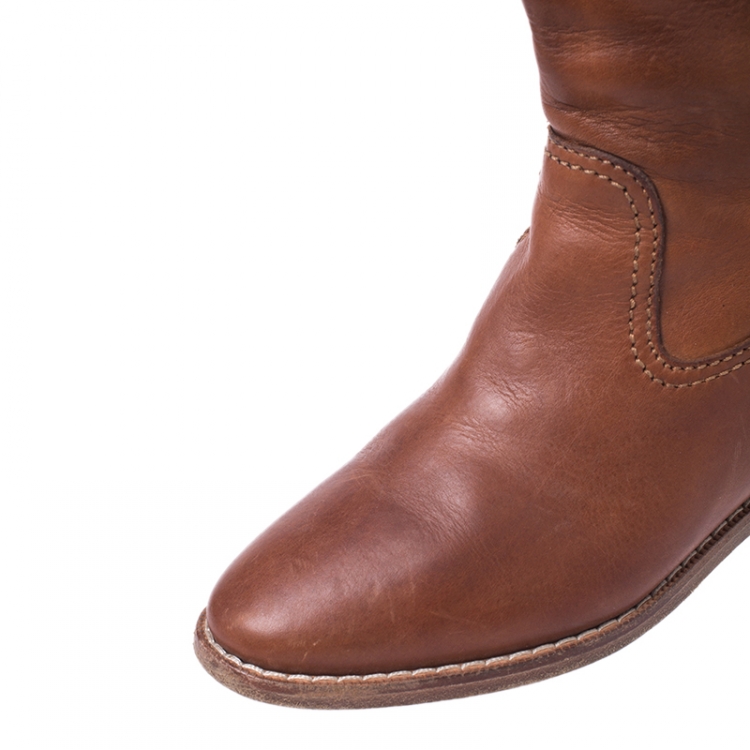 Pre Owned Burberry Tan Leather Mid Calf Flat Boots Size 37