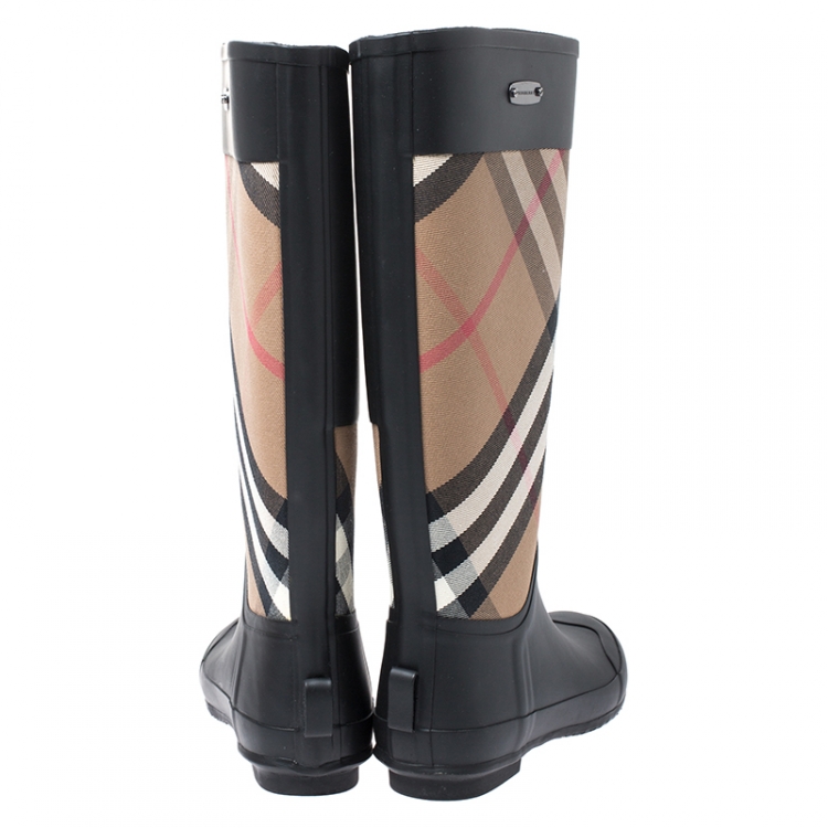 Pre Owned Burberry Beige House Check Canvas and Black Rubber Rain Boots Size 39