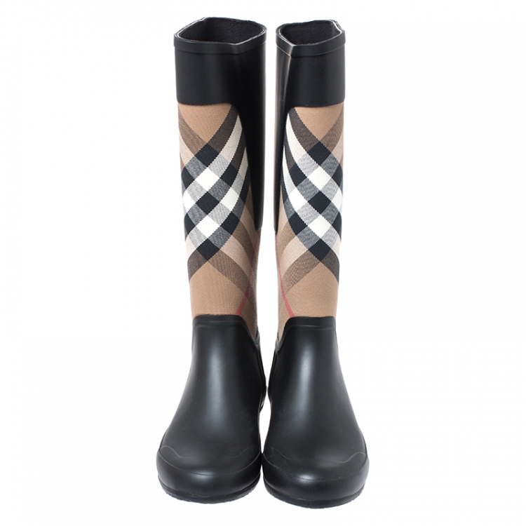 Pre Owned Burberry Beige House Check Canvas and Black Rubber Rain Boots Size 39