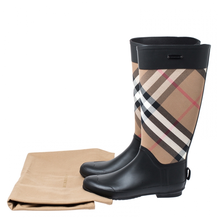 Pre Owned Burberry Beige House Check Canvas and Black Rubber Rain Boots Size 39