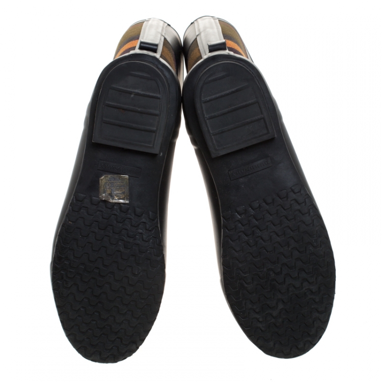 Pre Owned Burberry Black/Orange House Check Fabric and Rubber Clemence Rain Boots Size 39