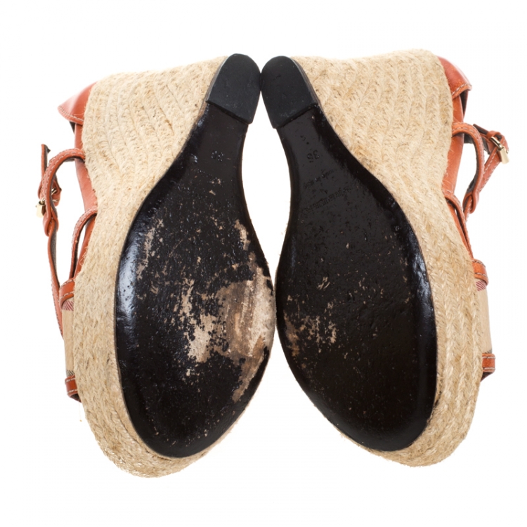 Pre Owned Burberry Orange Leather And Novacheck Canvas Espadrille Peep Toe Wedge Sandals Size 36