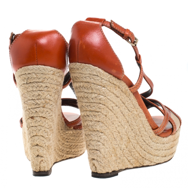Pre Owned Burberry Orange Leather And Novacheck Canvas Espadrille Peep Toe Wedge Sandals Size 36