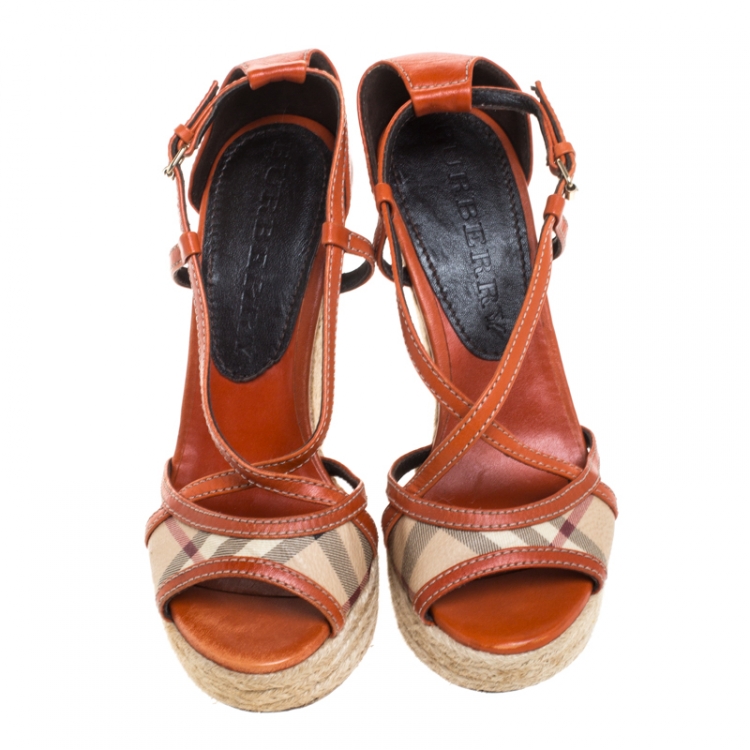 Pre Owned Burberry Orange Leather And Novacheck Canvas Espadrille Peep Toe Wedge Sandals Size 36