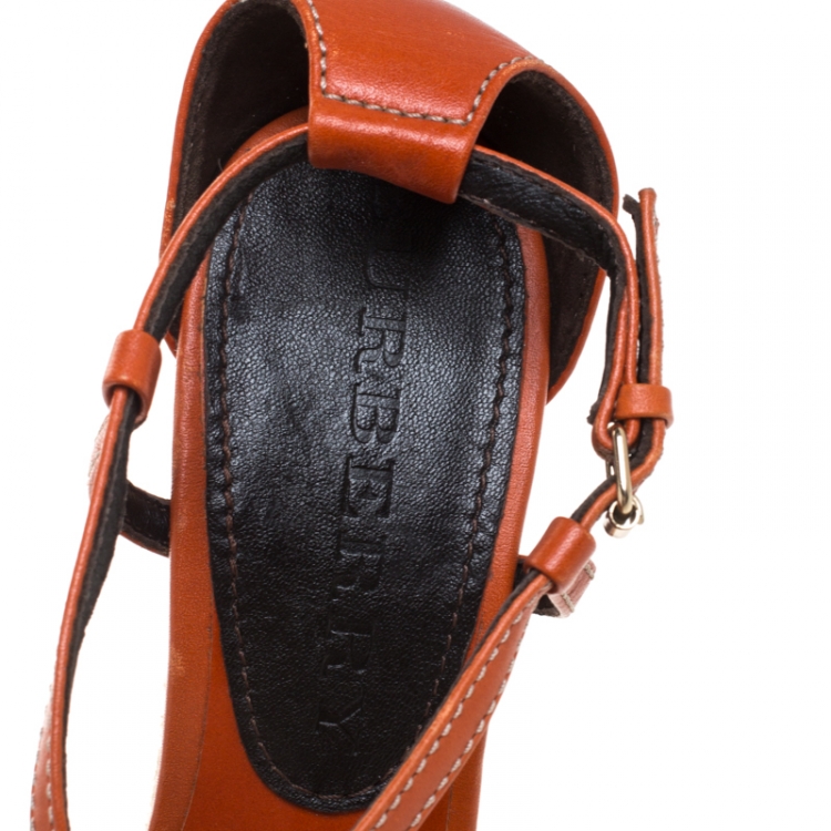 Pre Owned Burberry Orange Leather And Novacheck Canvas Espadrille Peep Toe Wedge Sandals Size 36