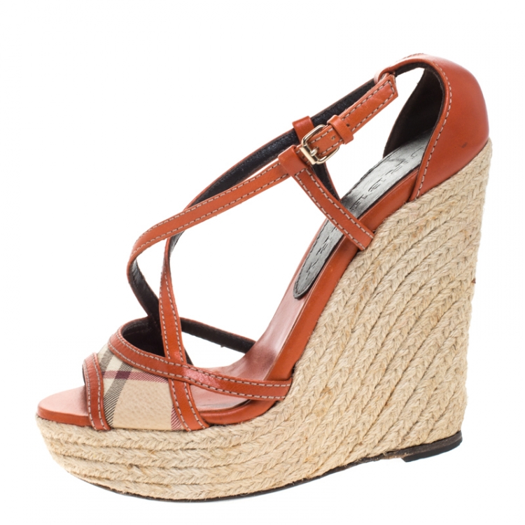 Pre Owned Burberry Orange Leather And Novacheck Canvas Espadrille Peep Toe Wedge Sandals Size 36