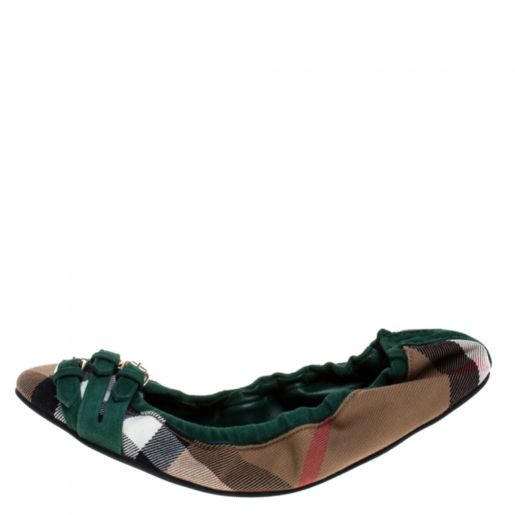 Pre Owned Burberry Beige Nova Check Canvas And Green Suede Buckle Ballet Flats Size 38
