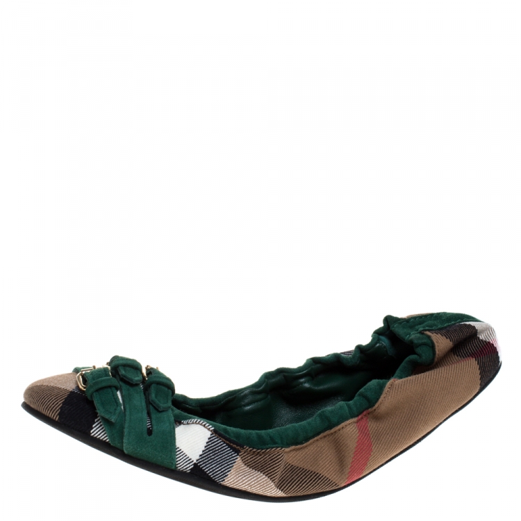 Pre Owned Burberry Beige Nova Check Canvas And Green Suede Buckle Ballet Flats Size 38