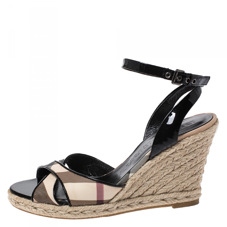 Pre Owned Burberry Black Nova Check Patent Leather and PVC Ankle Strap Espadrille Wedges Size 38.5
